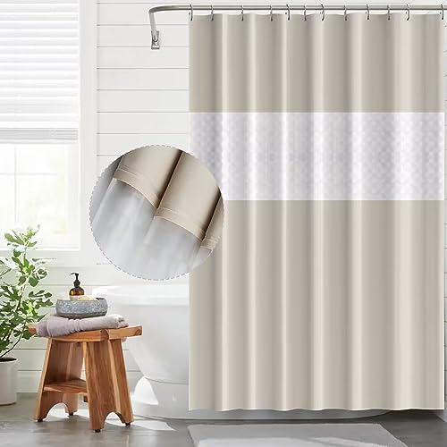 Funria Shower Curtain Beige Bathroom Curtains Waterproof Semi Transparent Wet Room Bath Curtains with Hooks Bathroom Accessories Long Shower Curtain 180 x 200CM Spliced Beige