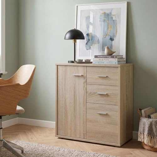 IDIMEX Buffet Remy, Commode Meuble de Rangement avec 2 tiroirs et 2 Portes, en mélaminé décor chêne Sonoma