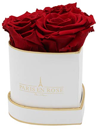 PARIS EN ROSE Rosenbox HERZ | mit 3 bordeaux-roten Infinity Rosen Größe XL | herzförmige Box in Weiß mit Gold | ewige Rose | 3 Jahre haltbar | Grußkarte