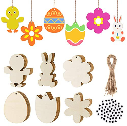 FEPITO Osteranhänger aus Holz, unlackiert, Osterschmuck, Eier, Hase, Küken, Tulpen, Geschenkanhänger mit Schnüren, für Kinder, DIY, Ostern, Basteln, Osterdekoration, 120 Stück