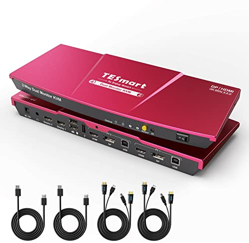 TESmart KVM Switch 2 Monitore 2 Computer DisplayPort und HDMI 4K60HZ KVM Switch Dual Monitor mit EDID Emulatoren und Audio Jack Support Copy and Extend Mode Upgraded K&M Compatibility with Cables Red