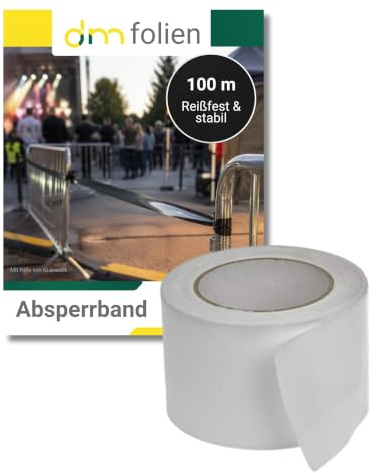 1 Rolle super stabiles Absperrband Flatterband Warnband Trassenband Folienband Parkplatzsperre Baustellenabsperrung 75mm (100m, Weiß)