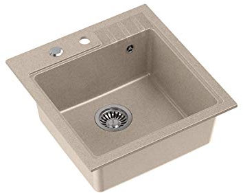 VBChome Spüle 52 x 50 cm Beige Tiefes Becken 20cm Küche Einbauspüle Verbundspüle Küchenspüle Einzelbecken Einbauspüle Verbundspüle + Siphon