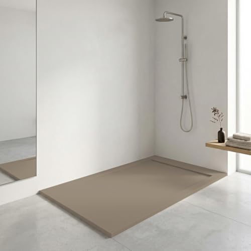 Plato de ducha resina FLOW desagüe lineal frontal color Moka 120x80 textura pizarra antideslizante rejilla extraplana integrada a juego. Incluye válvula de desagüe