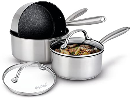 Prestige Scratch Guard Stainless Steel Saucepan Sets Non Stick with Lids - Saucepan Set of 3 with 16, 18 & 20cm, Scratch Resistant, Suitable for All Hobs, Oven & Dishwasher Safe Durable Cookware