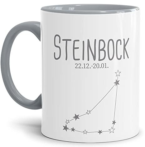 Tasse mit Sternzeichen Steinbock - Sternbild Kaffeetasse mit Spruch - Geschenk zum Geburtstag, Horoskop, Astronomie - Keramik Innen & Henkel Grau, 300 ml | Steinbock