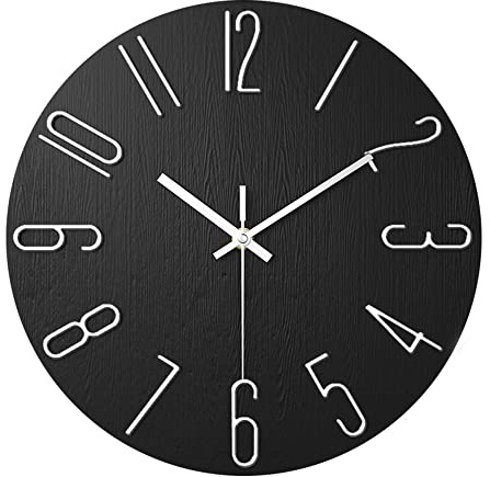 ALEENFOON 30cm Rund Modern Leise Wanduhren Ohne Tickgeräusche Innenuhr Nicht Tickende Rahmenlose 3D Nummer Wanduhren Dünne Hängende Uhr für Wohnzimmer Küche Büro Schlafzimmer (Schwarz)