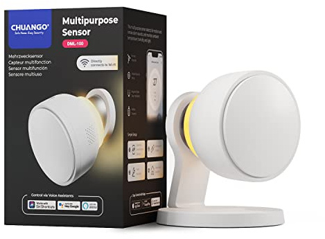 Chuango Mehrzwecksensor DML-100, 4-in-1 WLAN Thermometer Hygrometer Lichtsensor Bewegungsmelder mit Nachtlicht, kompatibel mit Alexa, Google und Add to Siri, kompakt weiß