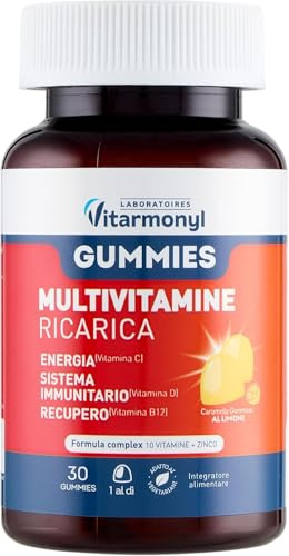 Gummies Multivitamine Ricarica - Integratore Difese Immunitarie - Multivitaminico per l'Energia e il Recupero - Caramelle Gommose al Gusto Limone - 10 Vitamine e Zinco - 30 Gummies - Vitarmonyl