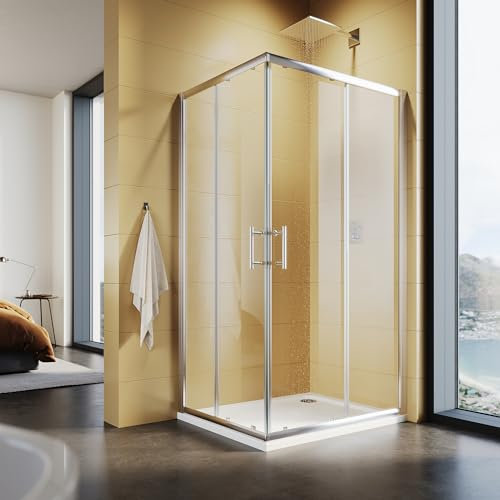SUNXURY Cabina de ducha esquinera 80 x 100 cm, doble puerta corredera, puerta corredera suspendida, 5 mm, cristal de seguridad, marco plateado, altura 195 cm