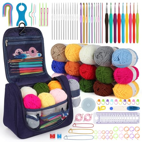 Aeeque Häkelset für Anfänger mit Ergonomisch Häkelnadeln, Häkelset zum Häkeln Socken, Schals, Pullover, Decke, Bunte Häkelset für Kinder mit Zubehör