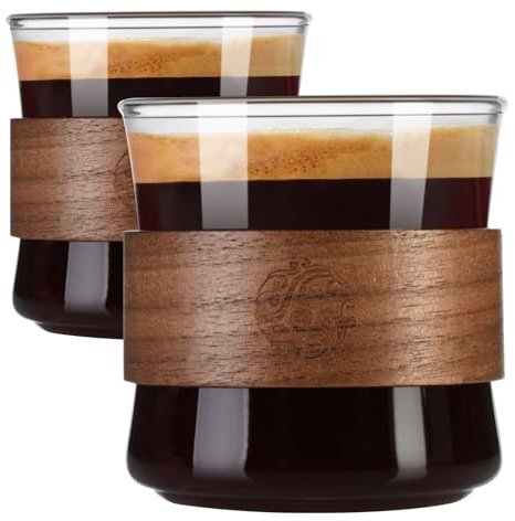 ParaCity Juego de 2 tazas de espresso con anillo de madera, vaso de chupito de borosilicato alto, taza de chupito transparente pequeña Expresso, accesorios de espresso (grande)