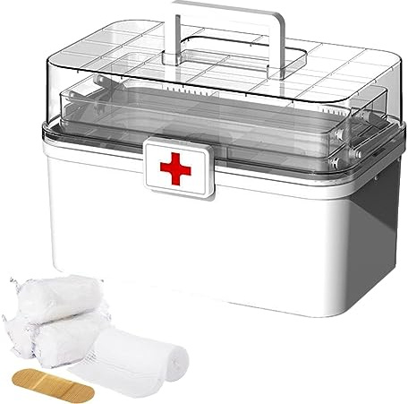 maxal Organizador de almacenamiento de medicamentos, botiquín familiar de 3 capas, organizador de gran capacidad a prueba de polvo con asa y hebilla para escuela, camping, viajes, hogar