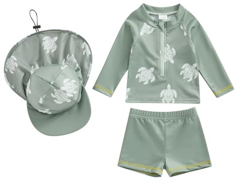 Traje de baño de bebé para niño, 3 piezas, protección UV, camiseta de manga larga + bañador + gorro para el sol, bañador para piscina, natación, playa, 3-4 años