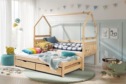 KEF Blanka Kinderbett 80x160 cm - Doppelbett mit Schubladen - Hausbett aus Holz - Babybett ohne Matratze - Floor Bed - Jugendbett und Mädchenbett für Kinderzimmer - Kiefer
