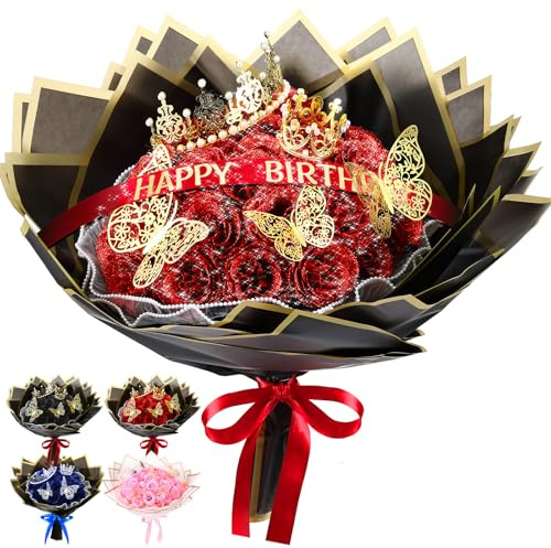 Thiccywoov 36 Pcs Glitter Roses Bouquet Graduation Artificial Rose DIY Flower Bouquet Kit Flower Wrapping Paper 3D Butterflies Crowns for Mom Mother Teacher Birthday (Red)