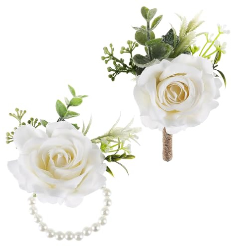 2 Pcs White Flower Wrist Corsage Bracelet, Boho Boutonniere Set for Bridal Bridesmaid Groom Groomsmen, Artificial Rose for Wedding Prom Party