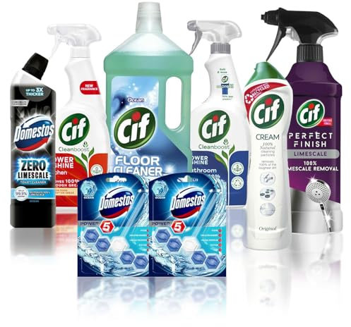 Cif & Domestos Cleaning Essentials Kit - Includes Cif Original Cream Cleaner, Ocean Floor Cleaner, Power & Shine Bathroom & Kitchen Sprays, Limescale Spray, Domestos Toilet Cleaner & Rim