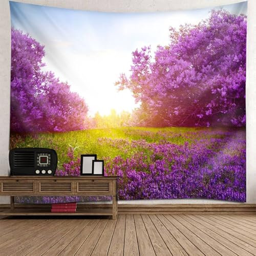 Mesnt Tapisserie Landschaft, 300x256cm Baum und Blumen natürliche Landschaft Natur Landschaft Wandteppiche Wandtuch Deko Schlafzimmer | Lila
