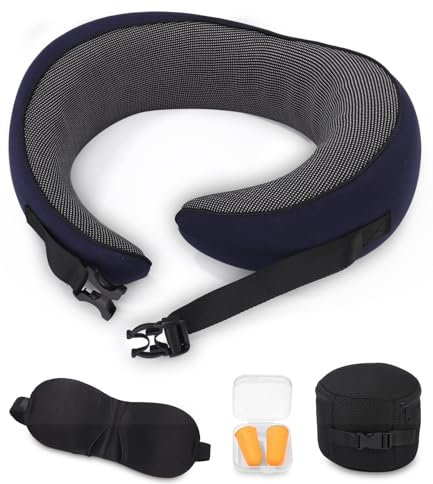 FAOKZE Flugzeug-Nackenkissen, Reisekissen Memory Foam, Nackenkissen für Erwachsene, verstellbares und waschbares Flugzeug-Kissen, ergonomisches Reisekissen (Navy)