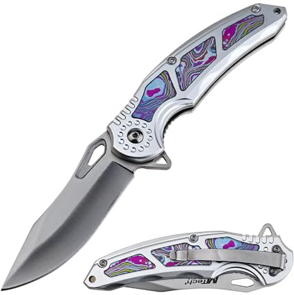 MTECH USA Folding Pocket Knife, 3.37-inch Drop Point Blade, Aluminum Handle with Purple Inlay, 8.07-inch Overall Length