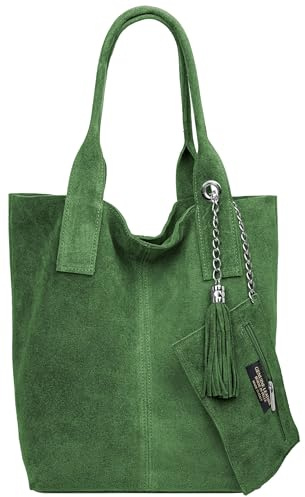 Caspar große Wildleder Shopper Schultertasche XL Damen Handtasche aus Leder mit stylischer Metallkette & kleiner Zusatztasche - CLASSIC LINE - Modell No.828 - Made in Italy, Farbe:olivgrün
