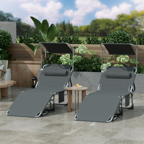 arvioo Sonnenliege, dein Sommerbegleiter, Klappbare Gartenliege mit Dach & Kopfstütze & Seitentasche & Trageschlaufen, 4 Positionen, extra breit B68 x L194 x H30 cm, Liegestuhl aus Metall(2, Anthrazit
