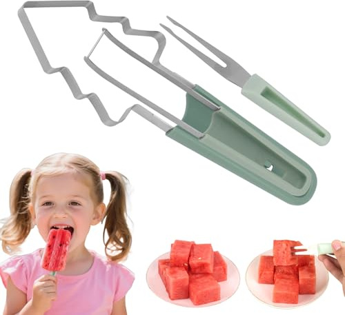 Gosknor Taglia Melone3 In 1, Acciaio Inossidabile Verde Taglia-Anguria con Forchetta Taglia-Mela Portatile Utensili da Cucina per Tagliare la Frutta e Picnic in Campeggio