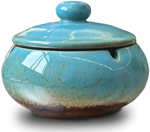 Ashtray Windproof with Lid, Indoor Outdoors Smell Proof Ashtrays, Vintage Ceramic Blue Glazed Cracker Glaze Design Apply Decorative Ash Tray for Home & Offic