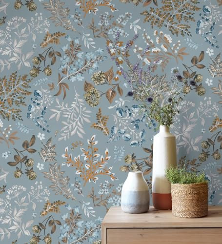 GAULAN 683476 Papier peint à motifs botaniques de fleurs et feuilles sur fond bleu grisé pour mur salon chambre couloir salle à mange tête de lit - Rouleaux de 10 m x 0,53 m