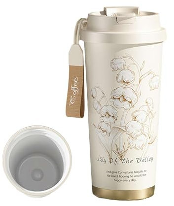 HDSDVNON Mug de 500 ml en acier inoxydable et céramique avec couvercle – Gobelet isotherme avec infuseur à thé intégré, motif lys floral(White,Ceramics)