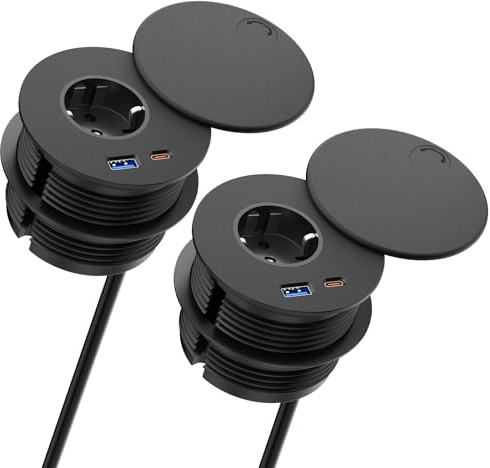 Sewingvr Lot de 2 Prises encastrables avec USB C PD 20 W, Prise de Table équipée d'un Couvercle, Prise escamotable avec USB A et C, câble de 2 m, Noir