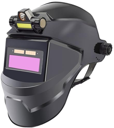 Casco de Soldadura con oscurecimiento automático, máscara de Soldadura LCD con energía Solar y Linterna Frontal, Capucha de Transpirable, Ajustable y Resistente al Calor con diseño Gira