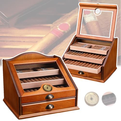 GCLCPAEN Scatola Umidificata per Sigari, in Legno di Cedro Naturale, Venature del Legno, Multizona, con Igrometro E Umidificatore, con Cassetto, per 100 Sigari, Regalo per Gli Amanti dei Sigari