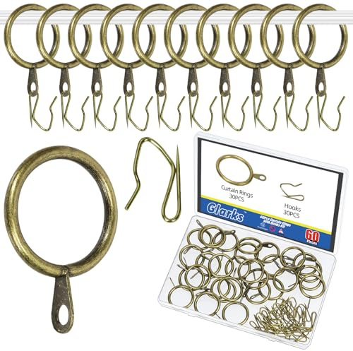 Glarks 30 set 25 mm/1 tum Verdigris metall draperi gardin hängande ringar set, inkluderar 30 st gardinringar och 30 st draperistift krokar, drapering glidande öljett ringar för skjutfönster