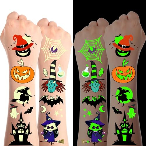 TAXTYHRE Tattoo Kinder, 10 Blatt Halloween Tattoos, Kürbis Fledermäuse Hexe Ghost Tattoo Aufkleber, Leuchten im Dunkeln Temporäre Tattoos, für Halloween Fasching Kostüm Makeup Zubehör