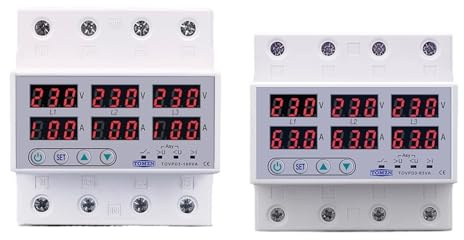 HUUOQIWY Voltmetro amperometro trifase 3P+N su Guida DIN, Protezione di sovratensione e sottotensione Regolabile, relè di monitoraggio del Limite di Corrente, protettore(100A Without N 380V)