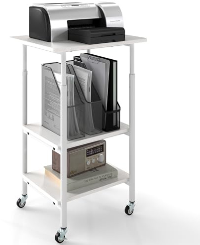 GIANTEX Support Imprimante Réglable en Hauteur, Meuble Imprimante Mobile, Etagere Roulette à 3 Niveaux pour Fax, Dossiers, Scanners, Étagère de Rangement avec roulettes pour Bureau, Cuisine (Blanc)