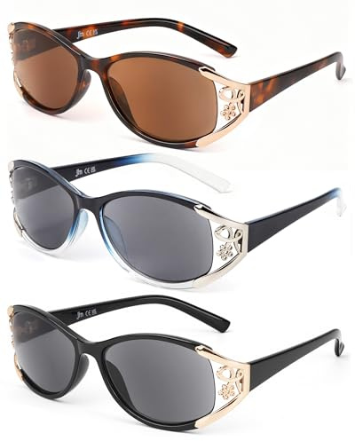 JM Völlig Vergrößerte Sonnenbrille mit Sehstärke Damen, Oval Lesebrille | Einteilige Nasenpolster,Retro,3 Packungen