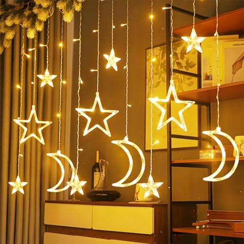 Aigostar Warmlicht Vorhänge mit Sternen und Monden 3x0.6m, 2 Stück, lichtervorhang Innen mit Fernbedienung, 8 Modi, Timer, wasserdicht, lichterkette fenster für Innen, im Freien, christmas decorations