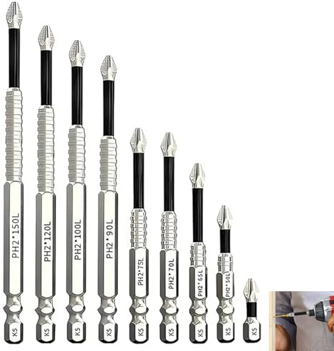 9 Pcs High Magnetic Screwdriver Drill Bit Set, Anti-Slip Drill Bits, Precision Magnetic Bits Kit for Impact Drivers and Power Drills, Durable Screwdriver Bit Kit, 25 50 65 70 75 90 100 120 150mm
