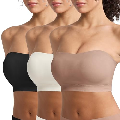 OceanDeer Strapless Bras Non-Slip Padded Bandeau Bra with Clear Straps Wireless Tube Top Full Coverage Bralette 3 Pack, Neutral, M