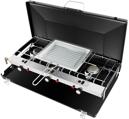 Réchaud à gaz à 3 feux, réchaud de camping avec puissance de 3 x 1,5 kW, réchaud à gaz pliable avec protection contre le vent, réchaud d'extérieur portable pour camping, pique-nique et randonnée