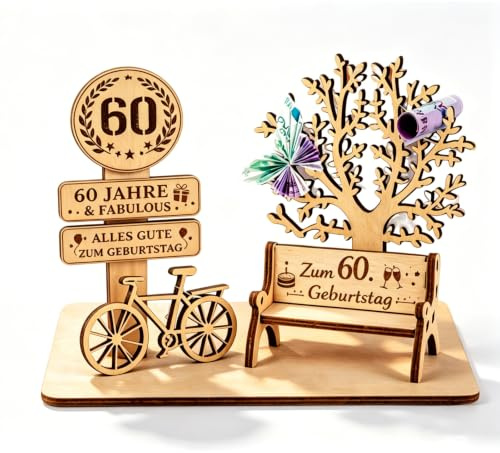 Geldgeschenke Geburtstag Holz Set, Fahrrad Aufsteller Holz Für 60 Geburtstag Frau Mann, Geschenk 60 Geburtstag Mann, Kreatives Geldgeschenk Diy Gästebuch Deko, 15x13x13cm