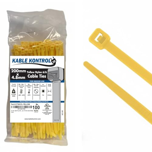 Kable Kontrol Yellow Cable Ties, 200 mm x 4.8 mm, Pack of 100, 8 Premium Nylon Zip Ties, Multi-Purpose Plastic Tie Wraps, Secure Self-Locking Mechanism, for Home, Garden, Office and DIY