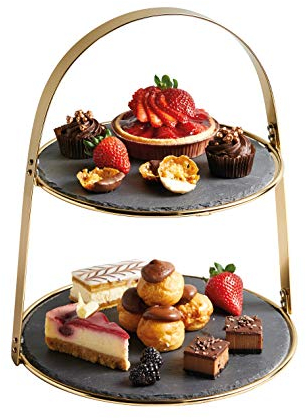 Artesà Soporte para Tartas, 2 Pisos, con Fuentes Redondas de Pizarra y Acabado Latón, 29,5 x 29,5 x 35 cm