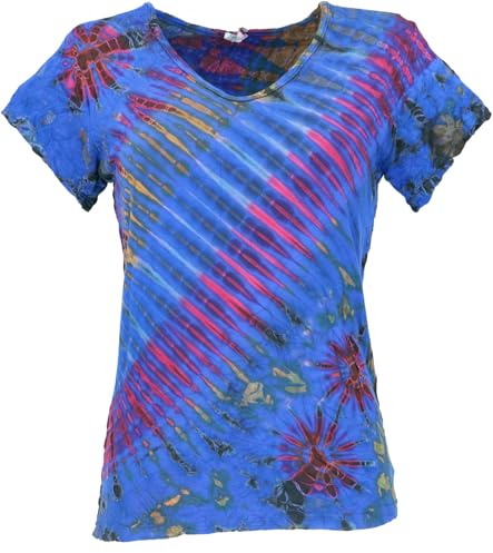 GURU SHOP Batik Hippie T-Shirt mit V-Auschnitt, Unikat Boho Batikshirt - Blau, Damen