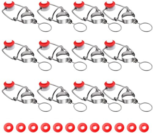 FERRODAY 12PCS Swing Top Glass Bottle Caps Flip Top Bottle Cap Beer Bottle Airtight Lids with 12Pcs Replacement Silicone Gaskets, 18mm Leakproof Easy Swing Top Stopper Fits 8/17.5/26/35oz Beer Bottle
