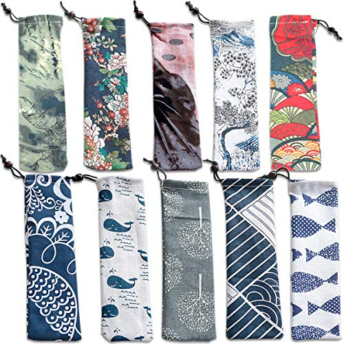 CKANDAY Confezione da 10 custodie da Viaggio per Posate in Acciaio Inox e Vetro, Cannuccia, Coltello, forchetta, Cucchiaio, Bacchette, Spazzola per la Pulizia, 25 x 6 cm