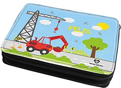 wolga-kreativ gefüllte Federtasche Mäppchen Federmappe Federmäppchen personalisiert für Jungen Bagger Stiftemäppchen mit Namen bedruckt Schlampermäppchen
